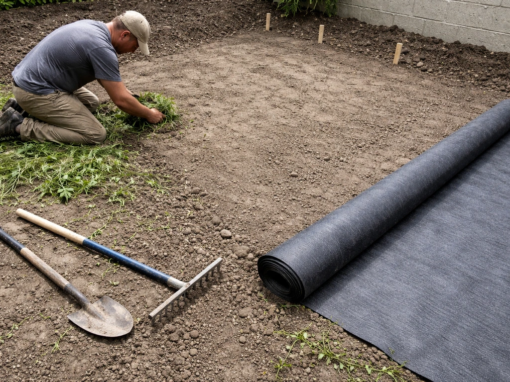 Person clearing weeds and preparing patio subbase with grading rake and laid drainage/weed-control fabric