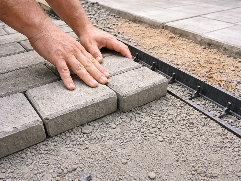 Close-up of hands laying interlocking pavers with metal edge restraints set into a compacted base