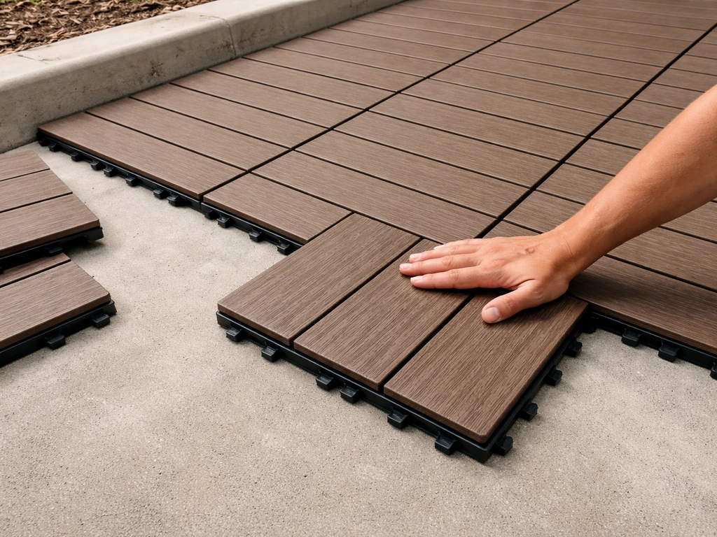 Snap-and-clip modular deck tiles laid on a level concrete slab for a quick patio extension.