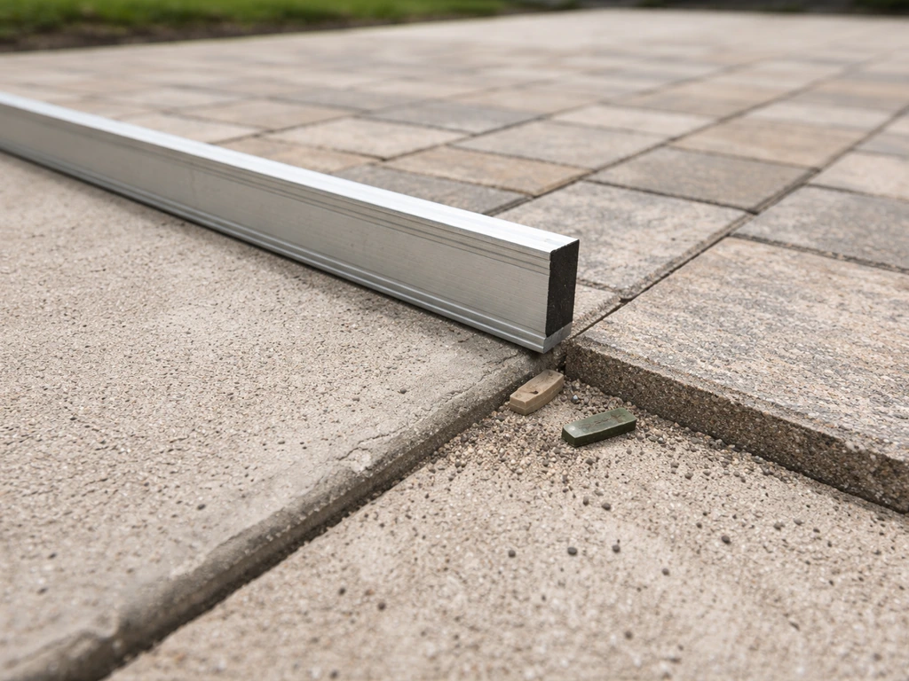 Close-up of a patio surface seam with a slight height gap aligned next to an existing concrete slab edge.