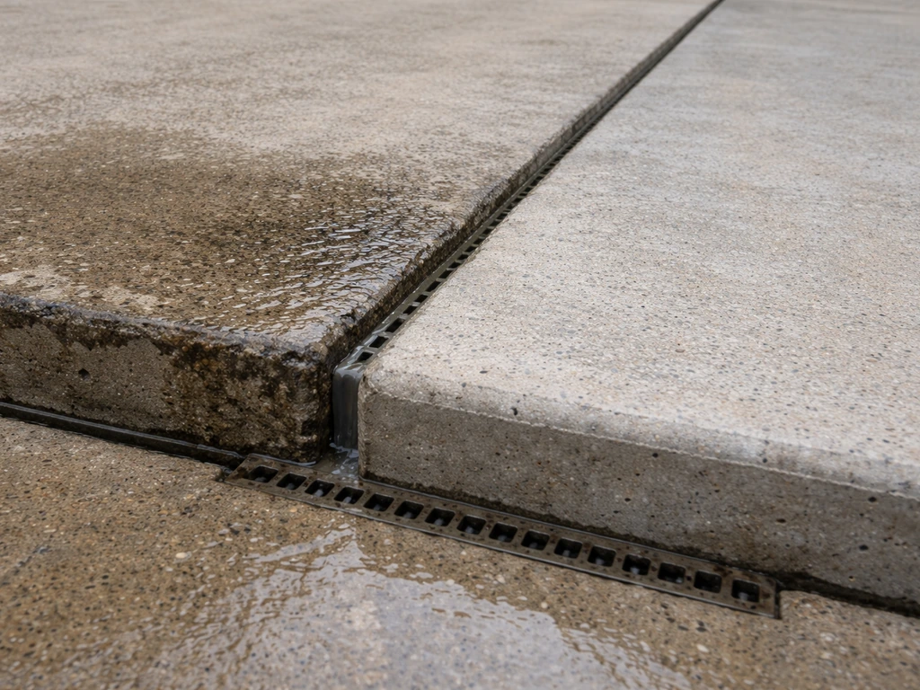 Close-up of a concrete expansion seam with water pooling and a drain directing runoff away from the transition.