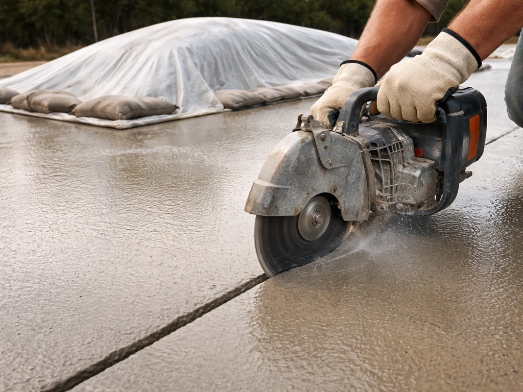 Gloved hands guiding a concrete saw to cut a fresh control joint beside a curing moisture cover.