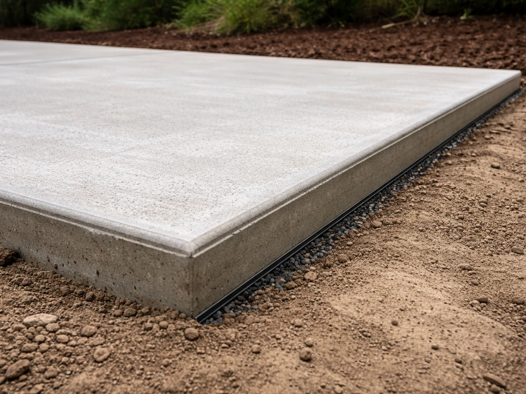 Raised concrete patio corner showing a clear height transition and a subtle perimeter drainage line.