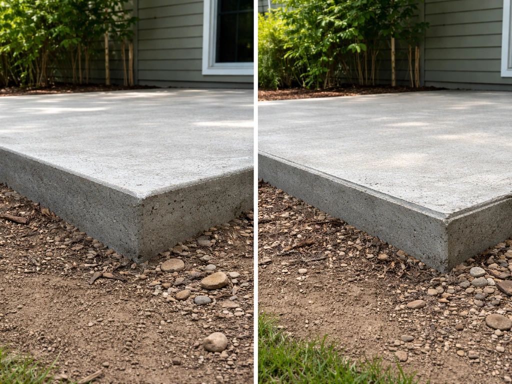Side-by-side view of two concrete patio edges showing an elevated slab and an overlay raised by added material.