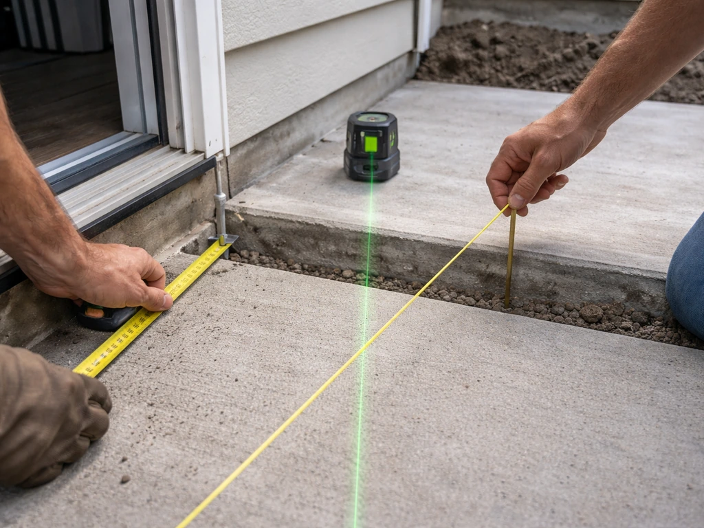 Worker using a laser level and string line to mark finished patio height near a doorway threshold