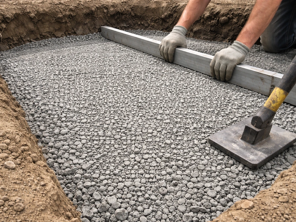 Contractor working on a leveled compacted gravel subbase for a raised concrete slab forms
