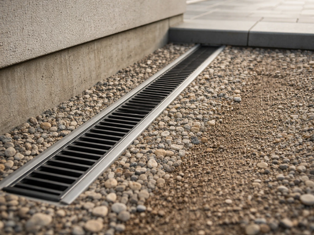 Channel drain at the base of a raised patio with gravel sloped away from the foundation.