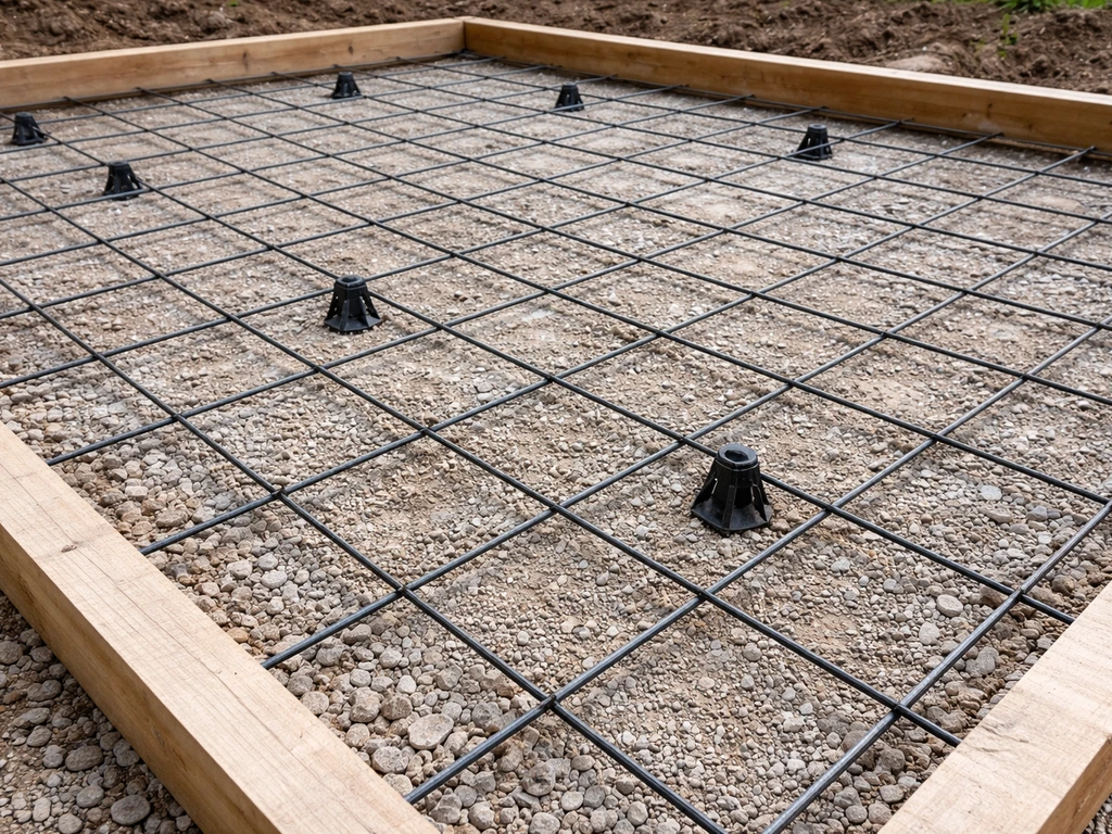 Close-up of wire mesh reinforcement set on plastic spacers inside a poured concrete patio slab