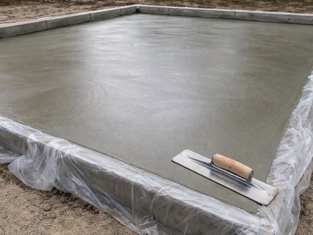 Fresh concrete slab with troweled surface covered by clear plastic sheeting during curing