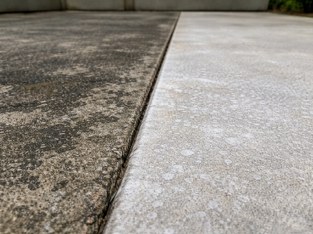 Close-up patio concrete showing dark staining on one side and white chalky efflorescence on the other.