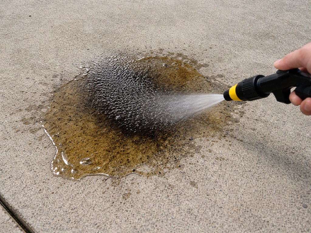 Anonymous hand spraying concrete degreaser onto an oil/grease stain on a driveway slab.