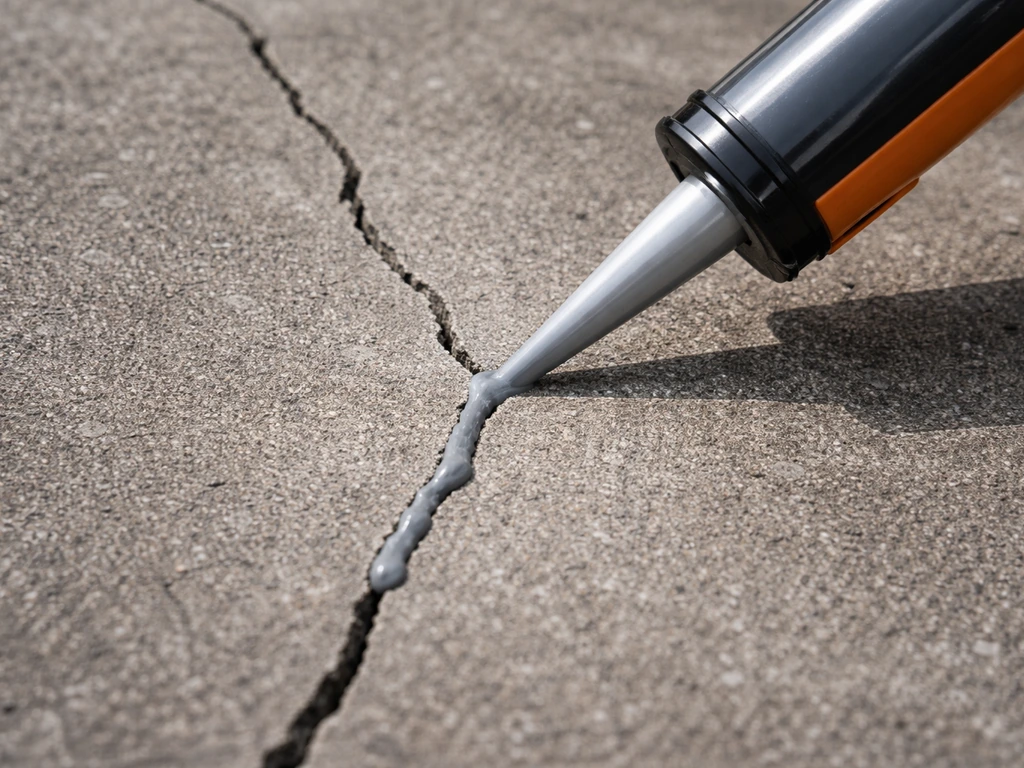 Close-up of a caulking gun filling a thin hairline crack in concrete with gray crack filler.