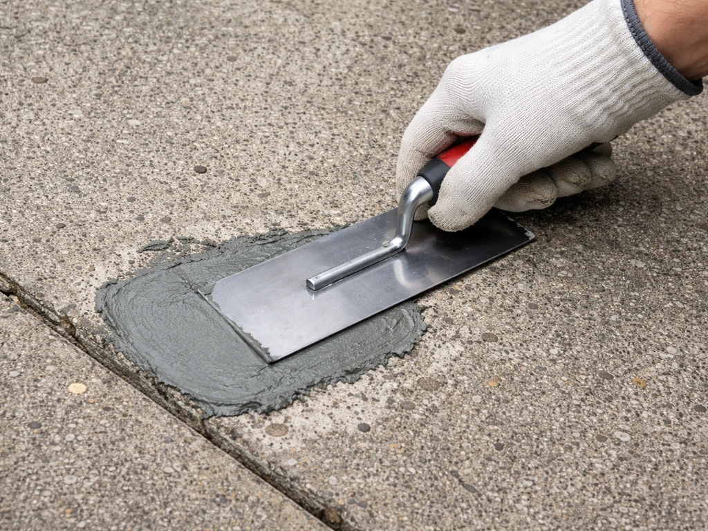 Gloved hand troweling gray patch compound into chipped and spalled concrete on a sidewalk slab.