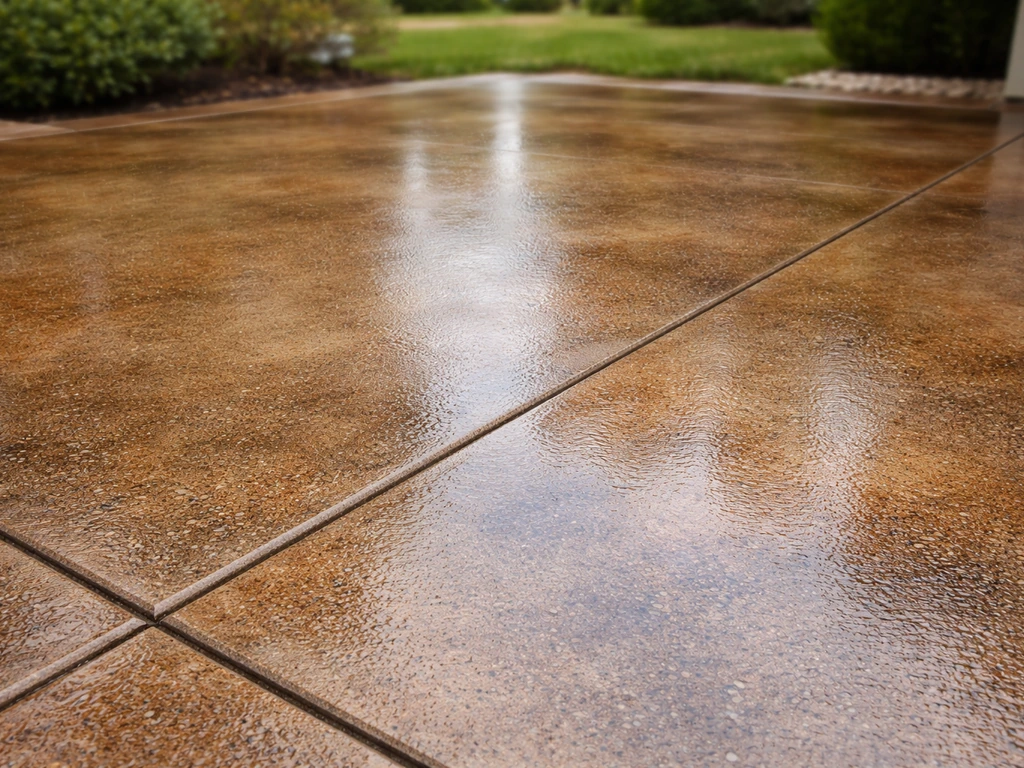 Evenly sealed stained concrete patio with a subtle glossy sheen under natural daylight.
