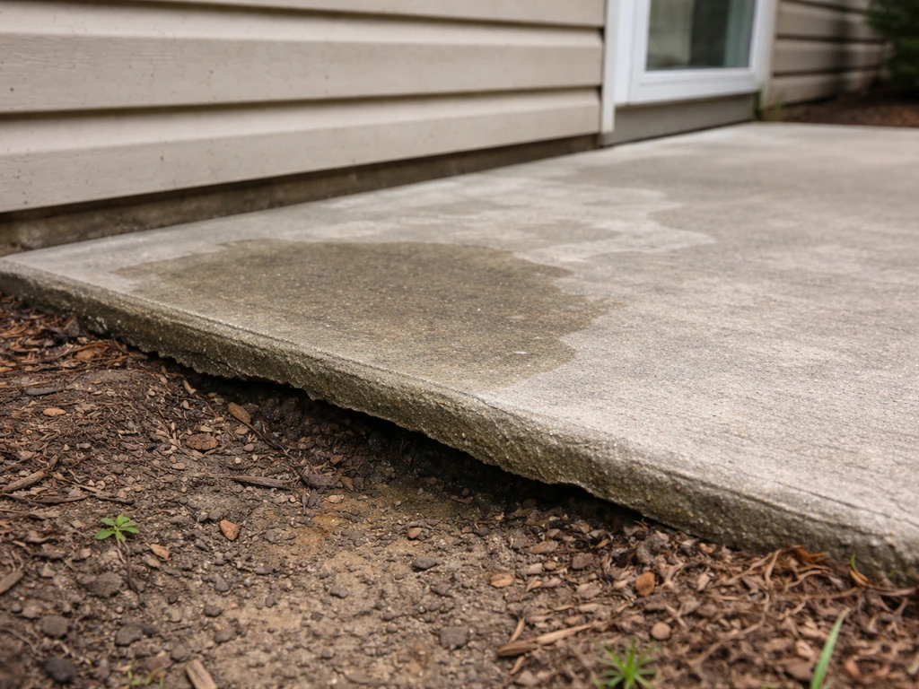 Concrete patio edge with visible dip, undermined gap, and soil washout near the house foundation.