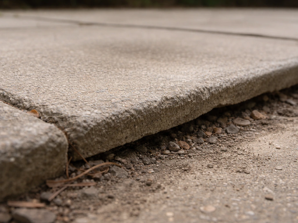 Close-up of concrete patio slab showing a slight dip, soft edge, and small gap where water could seep in.