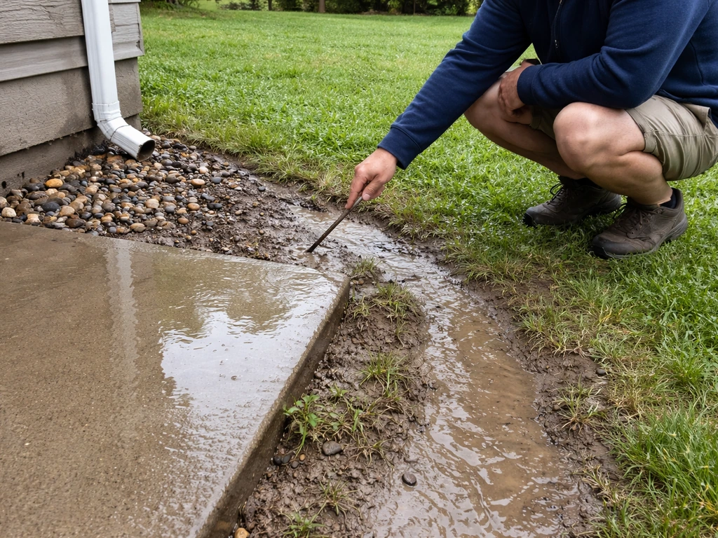 Person crouches by patio edge, inspecting rainwater flow path and puddling runoff near downspout