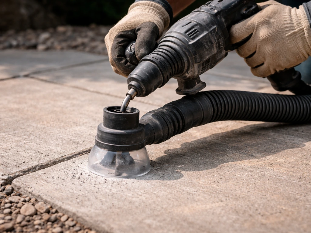 Technician drilling a small hole through a patio concrete slab for void injection with dust control setup.