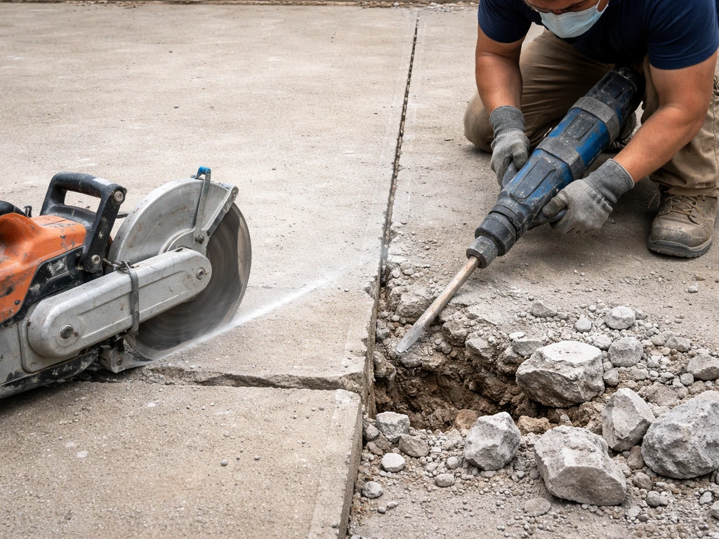 Worker breaks out an undermined concrete slab along a control joint using a demo hammer and concrete saw.