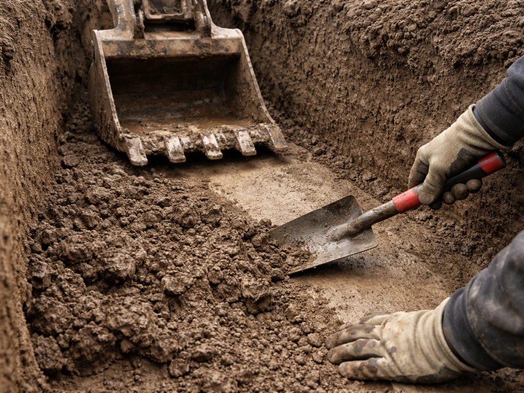 Excavation trench cleanup showing wet muddy base removed and firmer dry subgrade exposed.