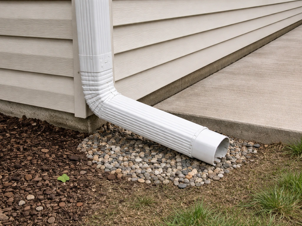 Home downspout extension discharging runoff away from a patio slab edge onto sloped ground.