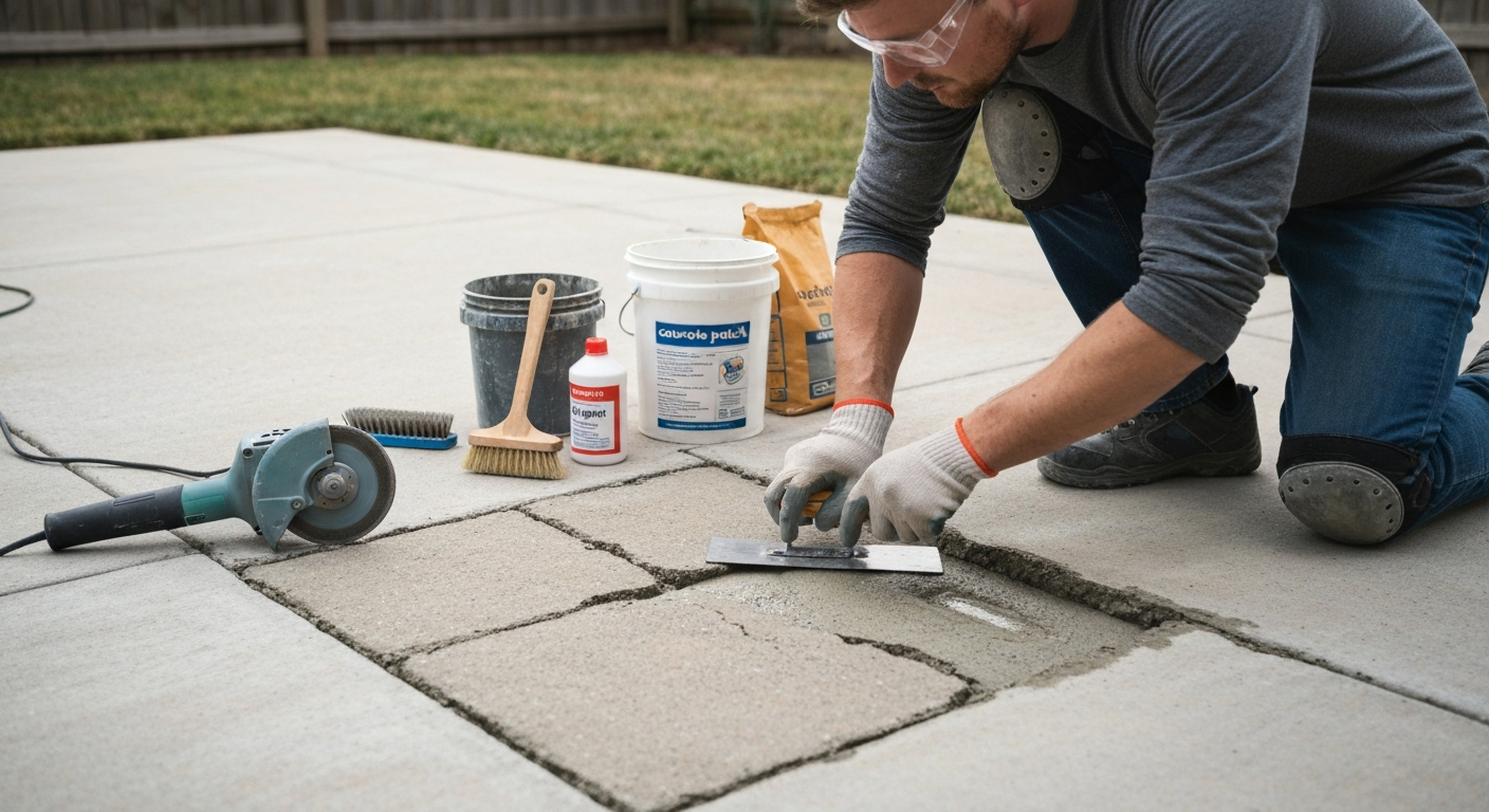 Homeowner wearing gloves and safety glasses troweling polymer-modified patch into a crumbled area of a concrete patio; tools and materials nearby, daylight backyard setting.