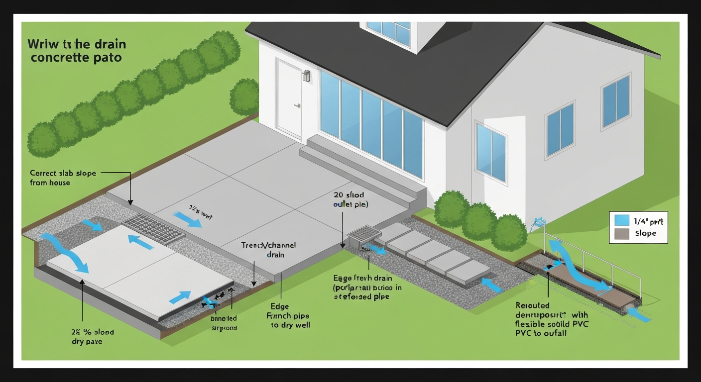 Isometric diagram of a house and concrete patio showing slope correction, trench drain, French drain, and downspout reroute with labeled water-flow arrows.