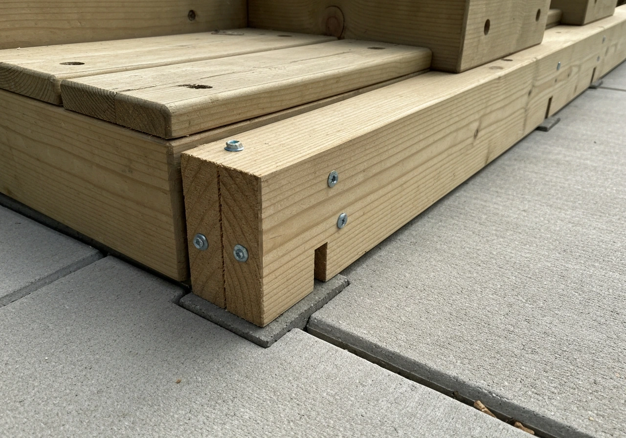 Wood step stringers anchored to a concrete patio with a PT ledger and visible fasteners at the joint.