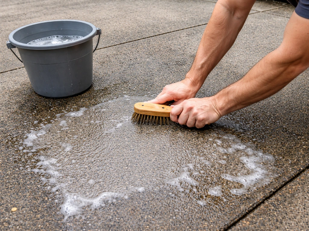 Clean concrete patio area being scrubbed and rinsed, ready for a heat protection pad under a fire pit