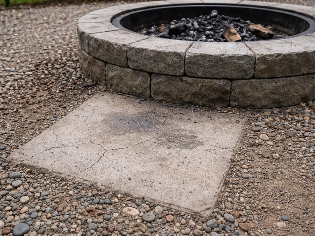 Unlit fire pit beside a concrete slab showing hairline cracks and heat-darkened spalling discoloration.