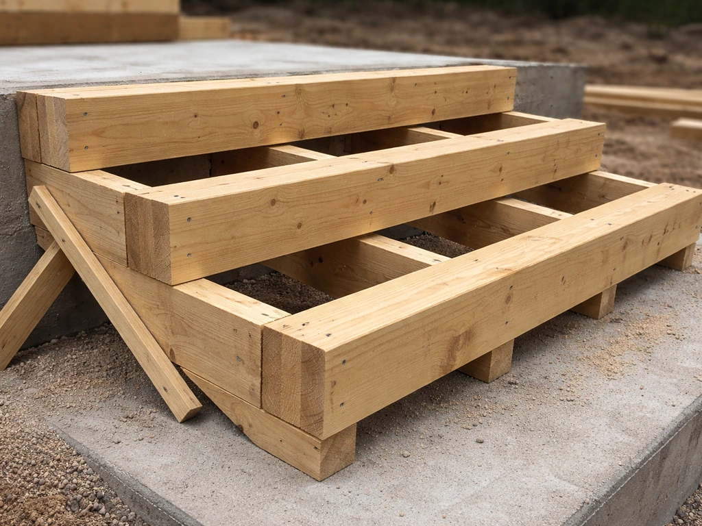 Wooden stair step forms with bracing and slight tread overhang before concrete is poured.