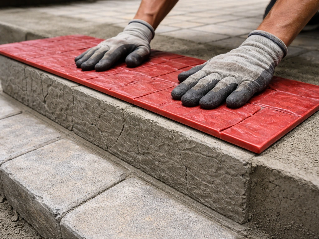 Worker’s hands stamp concrete mats evenly on narrow step tread and riser face