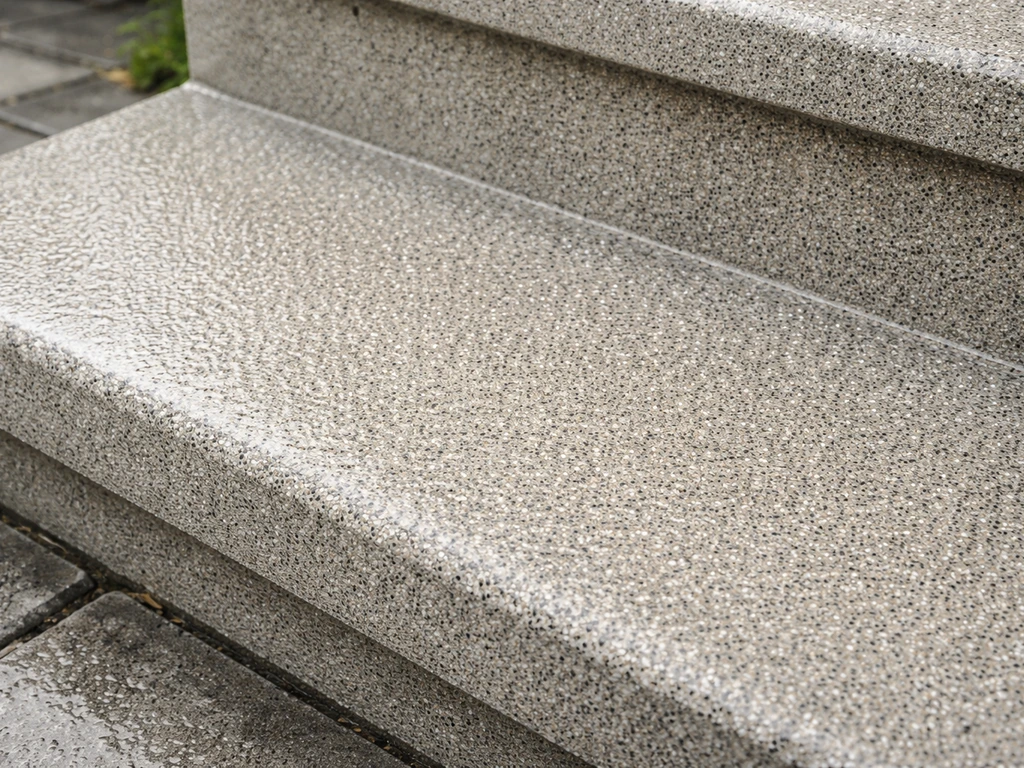 Close-up of textured concrete step treads with embedded traction grit and a wet sheen
