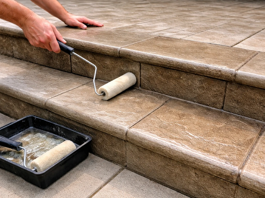 Hand applying clear concrete sealer with roller on stamped patio steps, wet sheen on risers and treads.