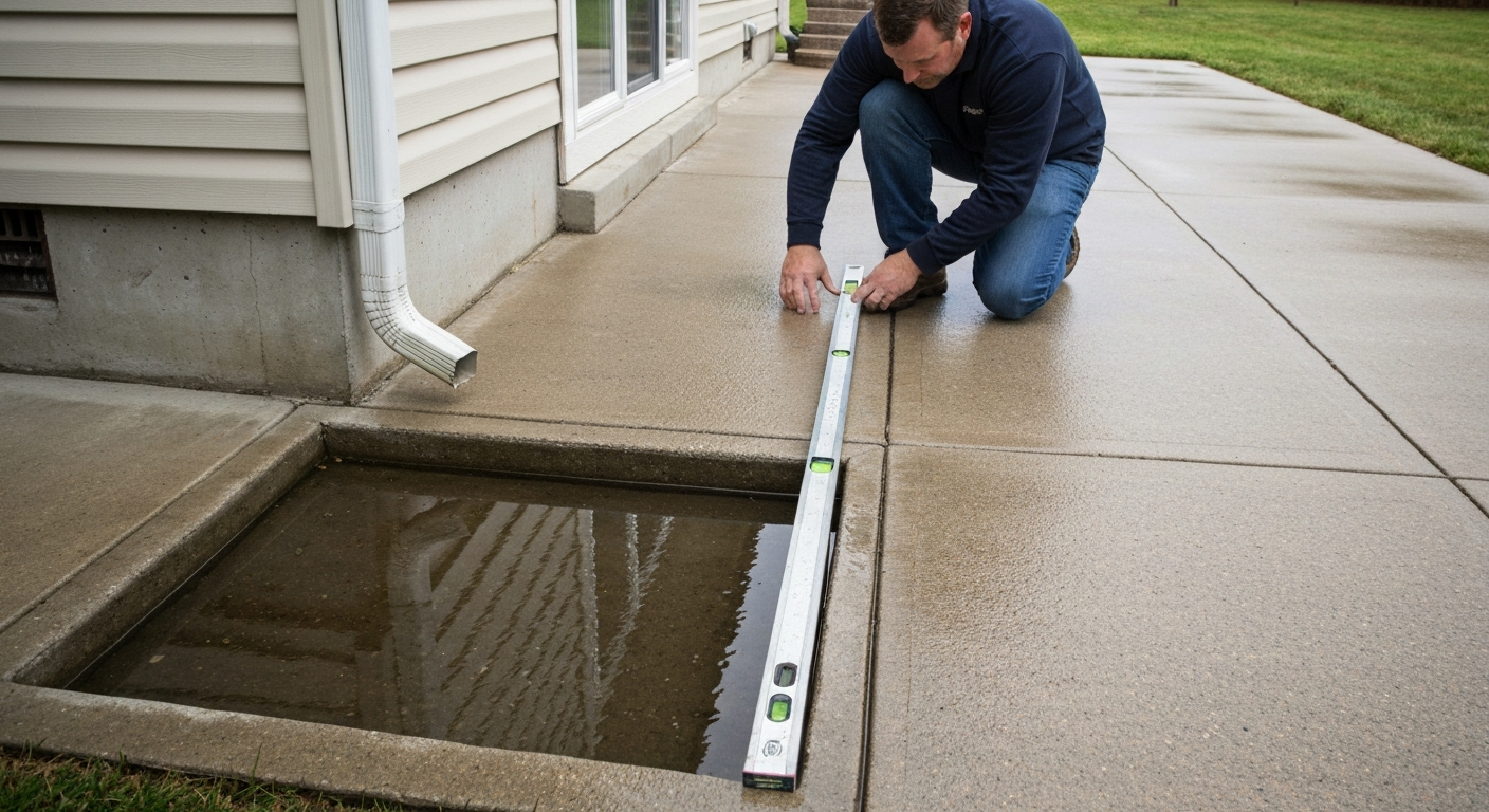 Homeowner checking water ponding on a concrete patio with a straightedge and visible puddles.