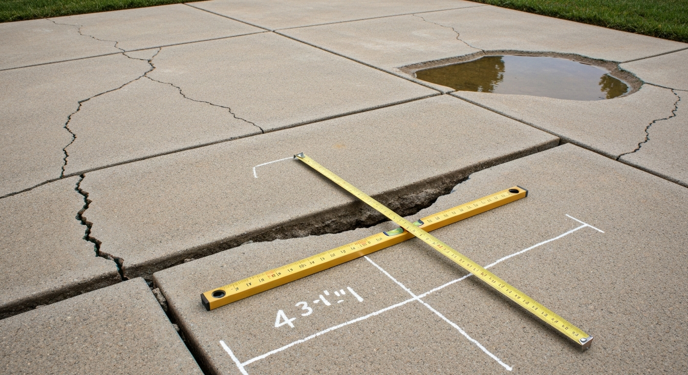 Wide-angle photo of an uneven concrete patio showing hairline and wide cracks, a sunken panel with offset, pooled water, chalk marks, and measuring tools (level and tape measure).