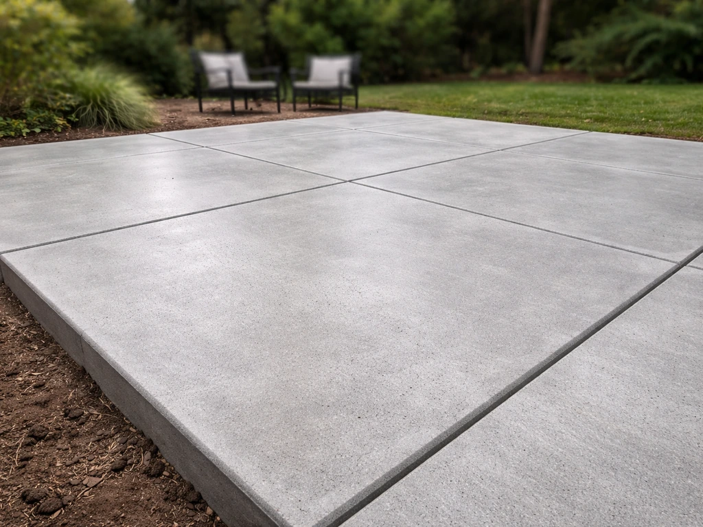 Freshly poured DIY concrete patio in a backyard, showing texture and control joints neatly finished