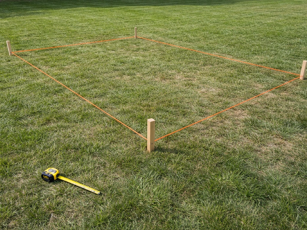 Minimal patio layout scene on grass with stakes, string line, and a tape measure showing 10x12/12x16 layout