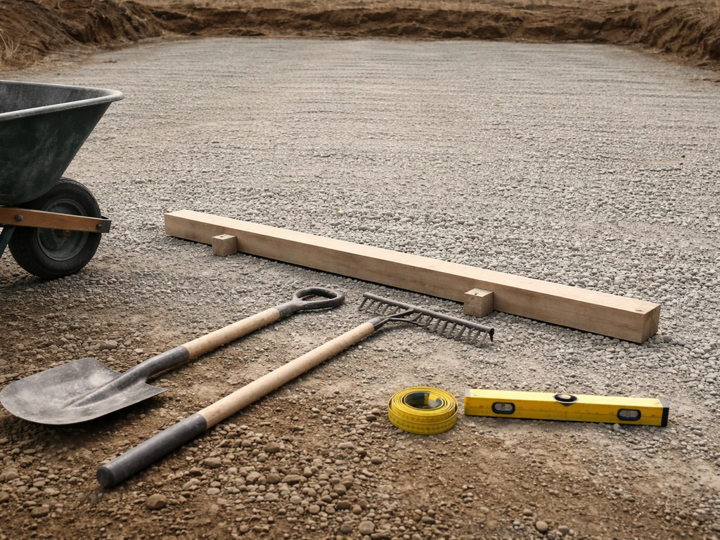 Contractor tools staged at an excavation site—screed board, shovel, rake, and measuring tape on gravel