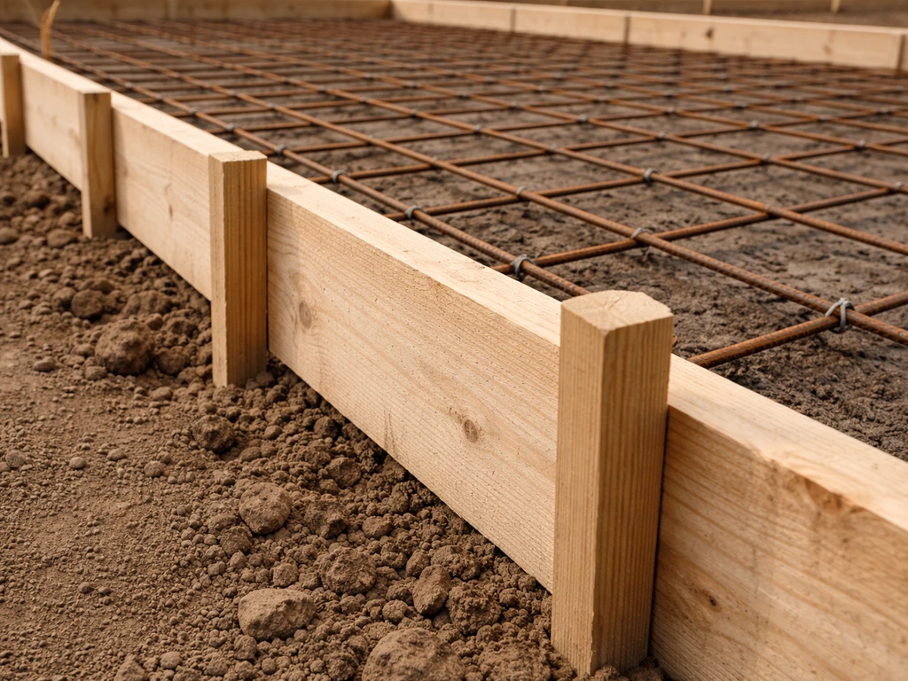 Close-up of wooden slab form boards with stakes and visible rebar/mesh inside the perimeter.