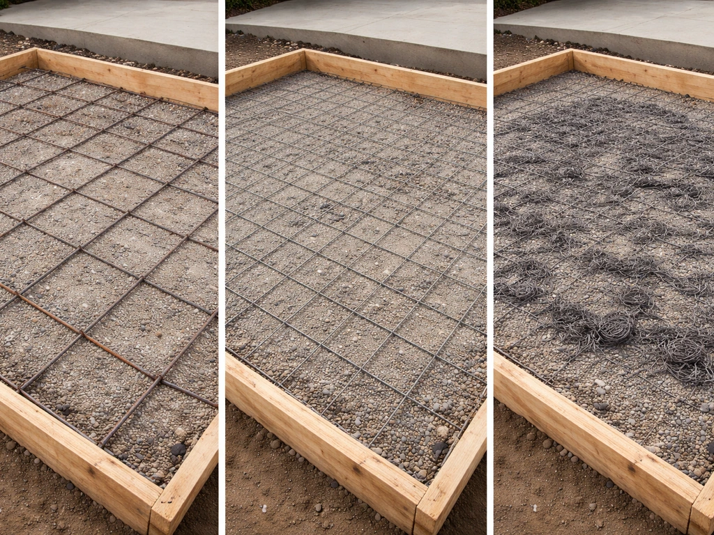 Three separated views of patio slab reinforcement: rebar grid, wire mesh panel, and scattered fiber strands.
