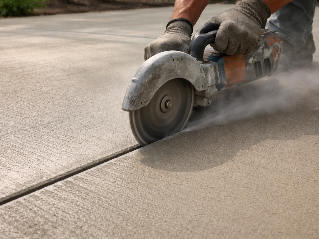 Gloved hands guide a concrete saw to cut fresh control-joint grooves in a newly finished slab.