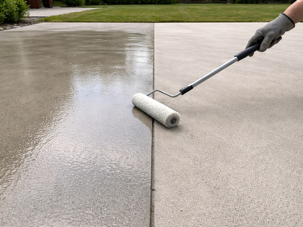 Gloved hand rolling concrete sealer onto one patio section, with the other section left unsealed for contrast.