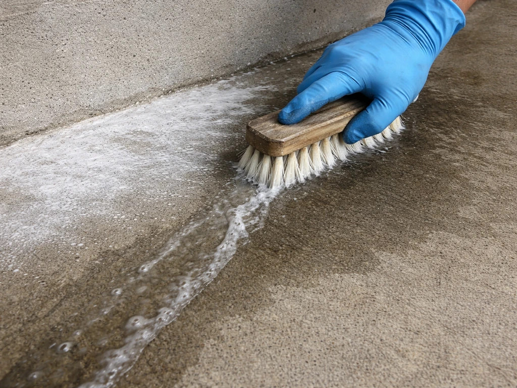 Gloved hand scrubs chalky white efflorescence off concrete, with clear rinse water running away.