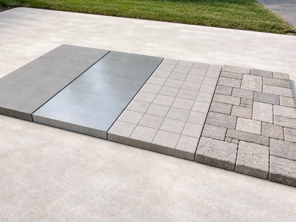 Four side-by-side patio covering samples showing overlay, epoxy sheen, tile, and pavers with clear texture differences.
