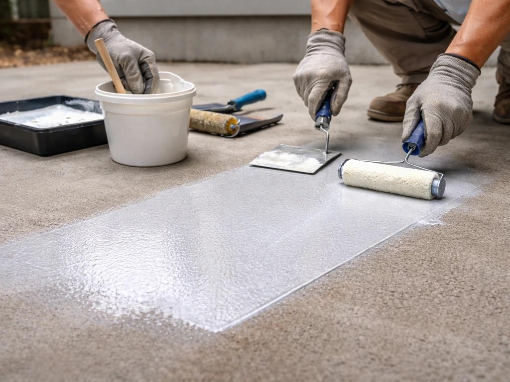 Hands mixing bonding primer and spreading it with a trowel on a concrete slab, even surface finish