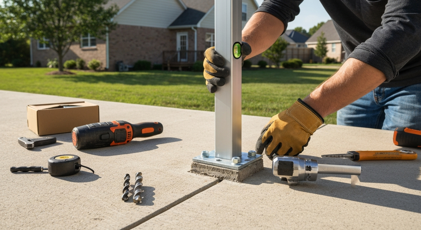 Homeowner installing a railing post on a concrete patio with tools laid out.