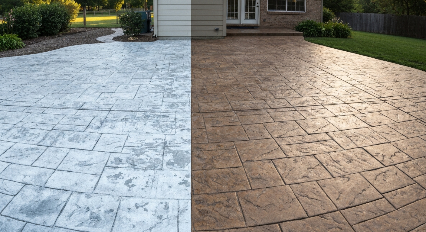 Wide photo of a stamped concrete patio with a before-and-after split showing faded, sealed left side and freshly recolored, textured right side.
