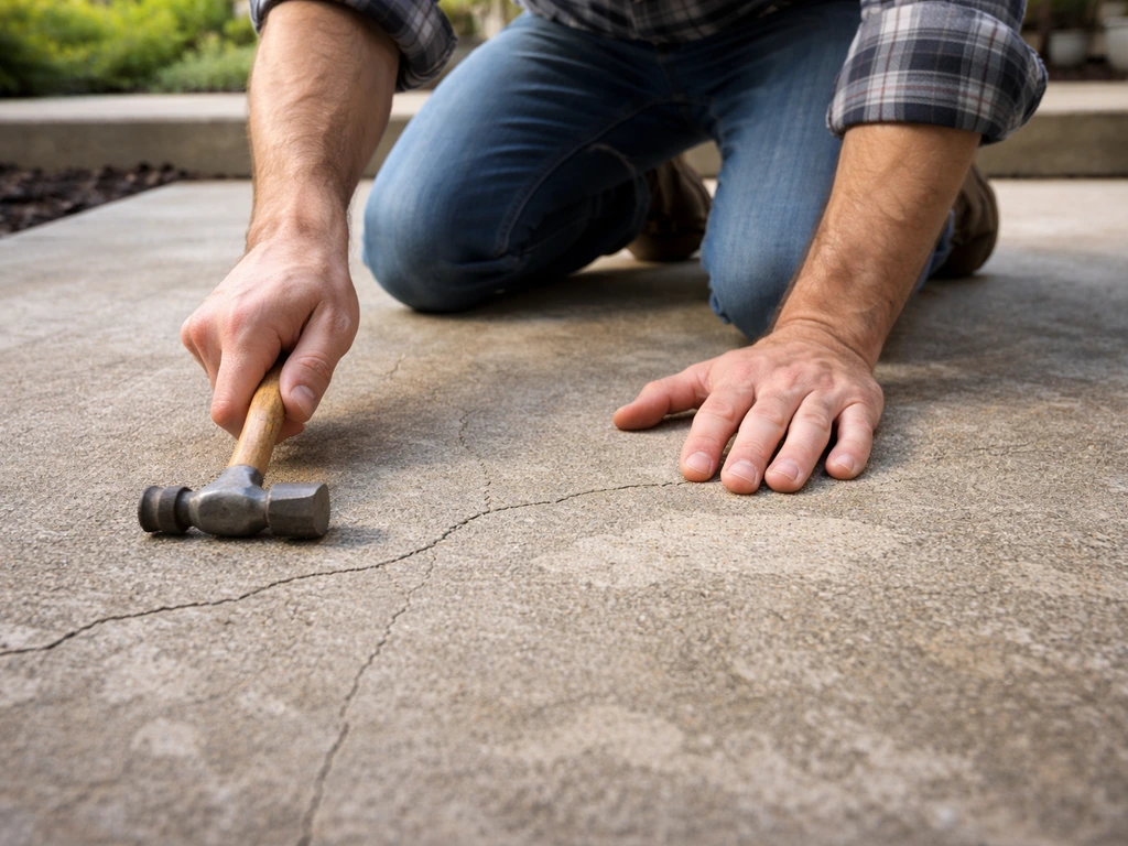 Crouched homeowner tapping a concrete patio with a small hammer to check cracks and hollow spots.