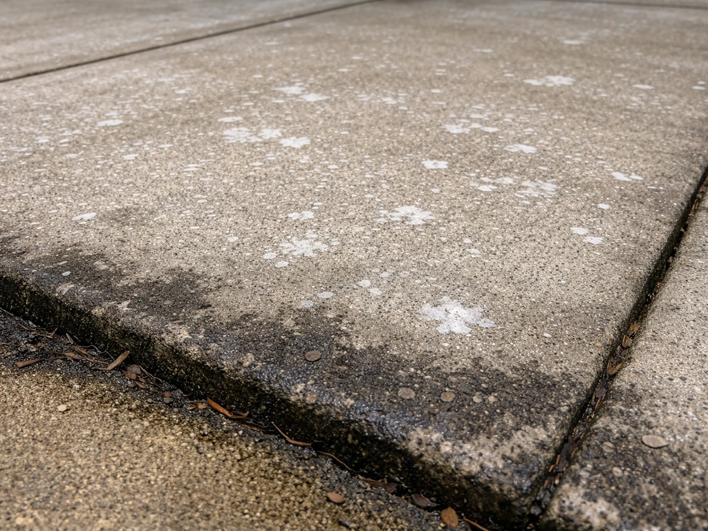 Close-up of a concrete patio slab with white efflorescence and dark staining along the edges.